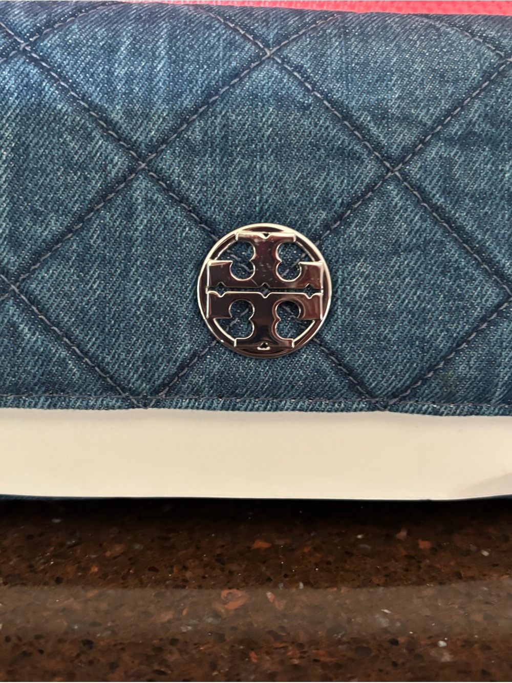 Tory Burch Quilted Blue Denim Wallet with Gold Logo